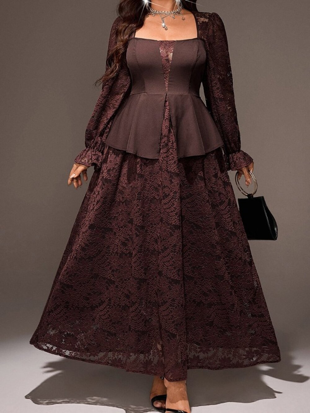 Brown Elegant Women's Lace Long Sleeve Peplum Midi Dress